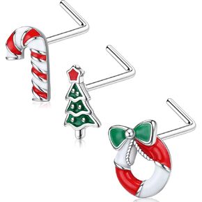UBGICIG 3Pcs Christmas Nose Rings Stud - 20G L Shaped Nose Stud 316L Surgical Stainless Steel Piercing Jewelry