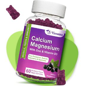 High Absorption Calcium Magnesium Zinc Gummies, Calcium Magnesium Supplement with Potassium Vitamin D3 for Bone & Teeth Strength, Muscle Function - Blueberry Flavor 120 Cts