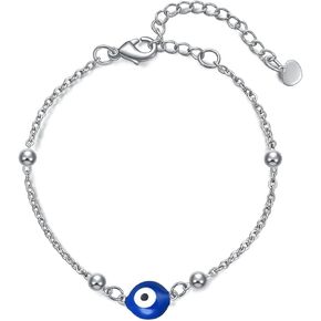 Rnivida Stainless Steel Evil Eye Bracelet for Women Minimalist Blue Evil Eye Protection Link Chain Bracelet