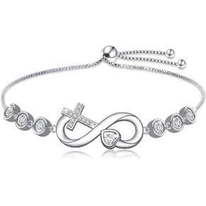 Infinity Heart Bracelet 925 Sterling Silver CZ Cross Heart Infinity Love Bracelet Jewelry Valentine's Day Gifts for Women Girlfriend Wife, 7"+2"