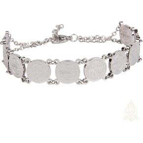 Catholic Town Stainless Steel Religious Bracelet with Saint Benedict coins, 7 Inches + 0.5 Inches extender (Available in Gold and Silver colors)