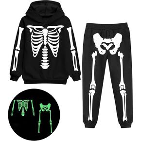 TUONROAD 5-12 Years Boys Girls Halloween Outfits Kid's Skeleton Glow-in-The-Dark Hoodie Pants Set