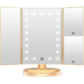 WEILY Lighted Vanity Makeup Mirror 1x/2x/3x Magnification Trifold with 21 LED Lights Touch Screen and USB Charging, 180 Degree Adjustable Stand for Countertop Cosmetic Makeup Mirror(Gold)