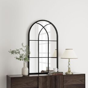 Arched Wall Mirror 30" x 20" Window Mirror, Wall Decorative Mirror, Iron Framed Window Pane Mirror, Arched Top Wall Mirror for Entryway Living Room, Bedroom, Fireplace .（Black）