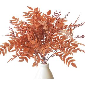 3pcs Artificial Greenery Stems Fake Ferns Plants Outdoor 21.6in Fall Leaves Shrubs Bushes for Home Tall Vase Wedding Arrangements Garden Farmhouse Table Centerpiece Fireplace Décor Orange
