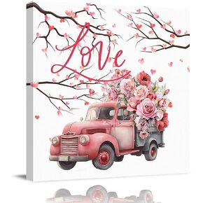 Valentines Framed Canvas Wall Art for Living Room Pink Red Truck Rose Wall Decor, Love Heart Branch Leaves White Aesthetic Paintings for Bedroom Kitchen, Ready to Hang Valentine Day Wall Pictures