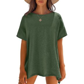 Caracilia Women's Oversized T Shirts Casual Summer Crew Neck Loose Dropped Short Sleeve Side Slit Hem Blouse Sweater Top