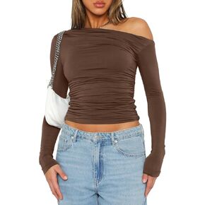 TiuZal Womens Casual Long Sleeve Off The Shoulder Crop Top Slim Fit Boat Neck Going Out T Shirts Y2K