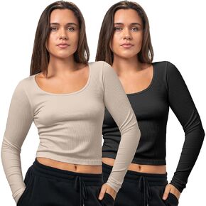 Womens 2 Pack Casual Workout Tops for Women, Long Sleeve Seamless Fit Tee Women, Scoop Neck Basic Yoga Shirts