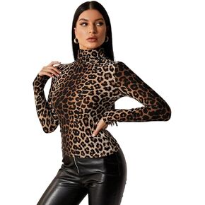 Floerns Women's Cheetah Print Tops Slim Fit Long Sleeve High Neck Tee Shirts