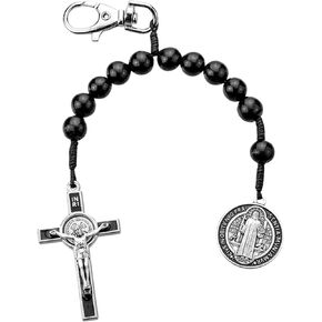 One Decade Black Wood Corded Rosary Clip, Saint Benedict Medal, Religious Backpack Tag, 9 Inch