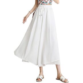 Women's Drawstring Waist A-Line Pleated Chiffon Cropped Wide Leg Culottes Palazzo Pants with Side Slit