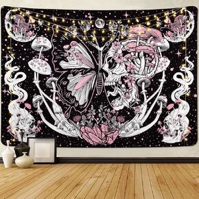 Skull Tapestry Hippie Mushroom Tapestries Aesthetic Moth Tapestry Moon and Stars Tapestry Snake Tapestry Wall Hanging For Room(70.9 x 92.5 inches)