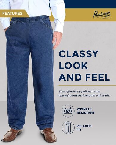 Pembrook Mens Elastic Waist Pants for Seniors - Elderly Elastic Waist Pants Men | Relax Fit Elastic Waist Jeans for Men in Saudi Arabia