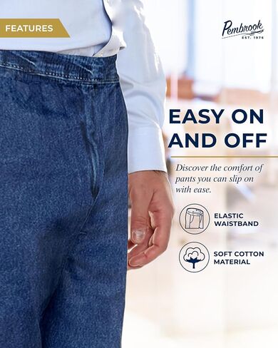 Pembrook Mens Elastic Waist Pants for Seniors - Elderly Elastic Waist Pants Men | Relax Fit Elastic Waist Jeans for Men in Saudi Arabia