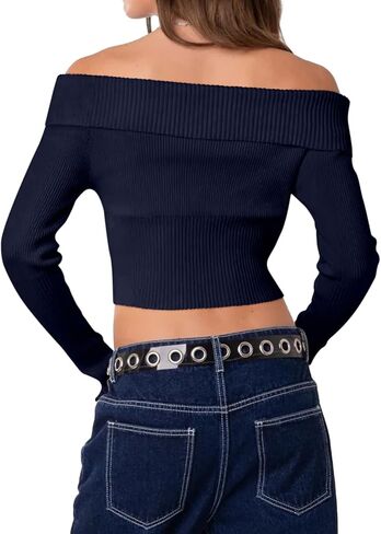 REORIA Womens Y2k Trendy Off The Shoulder Double Zip Up Fall Long Sleeve Cropped Pullover Sweaters Tops in Kuwait