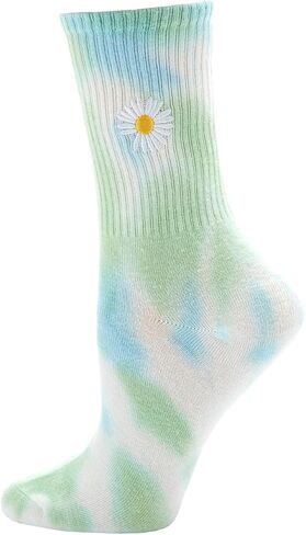 MeMoi Women's Daisy Embroidered Tie Dye Ribbed Crew Socks in Saudi Arabia