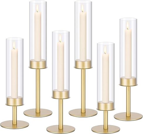 Gold Hurricane Candle Holders, Taper Glass Cover Candlestick, Tall Brass Candle Stick Decor for Table, Centerpiece, Wedding, Dinning, Party on Indoor and Outdoor, Set of 6 in Saudi Arabia
