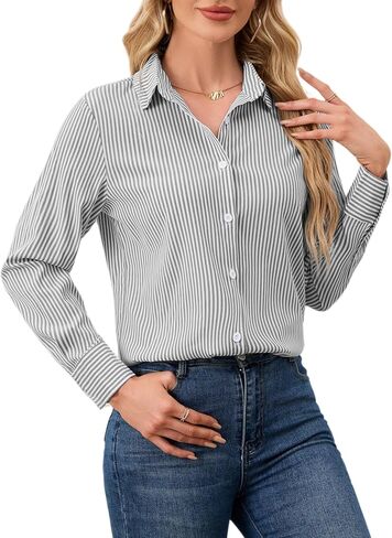 YAMANMAN Women's Striped Button Down Shirts Casual Long Sleeve Stylish Collared Blouses V Neck Work Office Tops in Kuwait