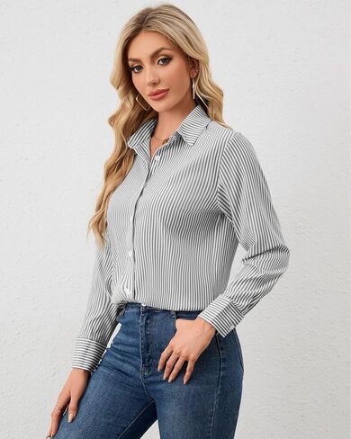 YAMANMAN Women's Striped Button Down Shirts Casual Long Sleeve Stylish Collared Blouses V Neck Work Office Tops in Kuwait