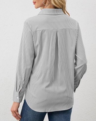 YAMANMAN Women's Striped Button Down Shirts Casual Long Sleeve Stylish Collared Blouses V Neck Work Office Tops in Kuwait