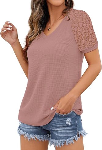 Women's Summer Lace Short Sleeve V Neck Tops Shirt Loose Casual Waffle Tee Blouse in Kuwait