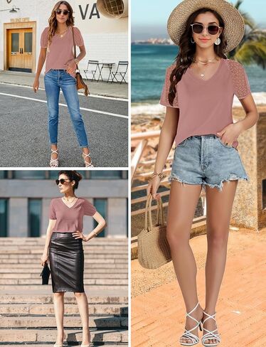 Women's Summer Lace Short Sleeve V Neck Tops Shirt Loose Casual Waffle Tee Blouse in Kuwait