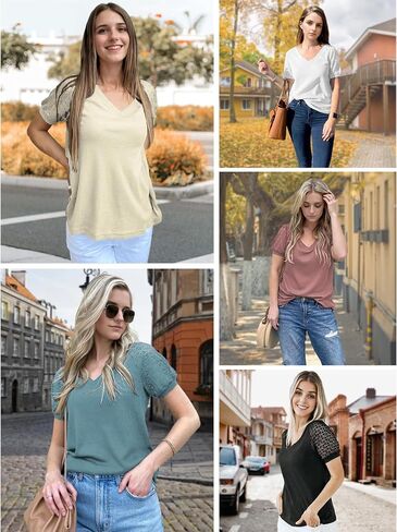 Women's Summer Lace Short Sleeve V Neck Tops Shirt Loose Casual Waffle Tee Blouse in Kuwait