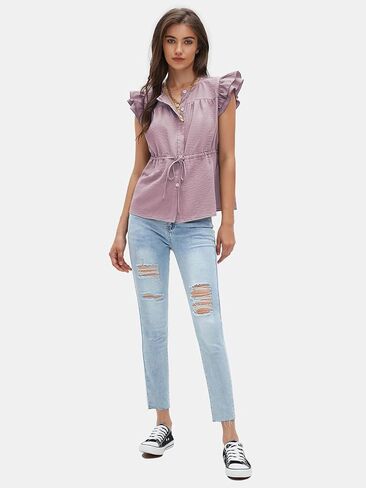 بلوزات نسائية بأزرار للأسفل من EXLURA بأكمام قصيرة وفتحة رقبة دائرية 2025 قطع علوية صيفية برباط بيبلوم قمصان عمل أنيقة in Kuwait