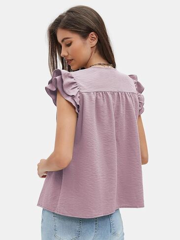 بلوزات نسائية بأزرار للأسفل من EXLURA بأكمام قصيرة وفتحة رقبة دائرية 2025 قطع علوية صيفية برباط بيبلوم قمصان عمل أنيقة in Kuwait