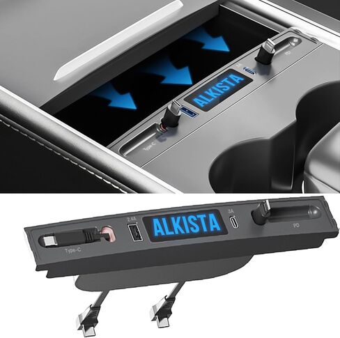 for Tesla USB Hub for Tesla Model 3 Model Y 2021 2022 2023 Accessories, Fast Charge with Cable Adapter Retractable Docking Station of Center Console for Tesla Interior Accessories (Logo) in Saudi Arabia
