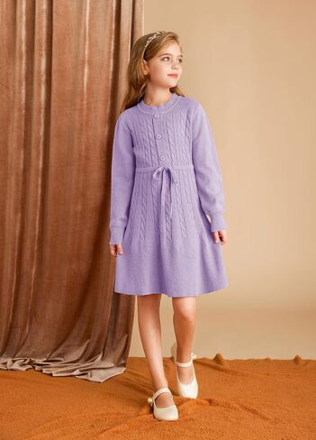 GRACE KARIN Girls Sweater Dress Fall Winter Long Sleeve Kids Fashion Drawstring Waist Cable Knit Dresses Size 5-12 in Saudi Arabia