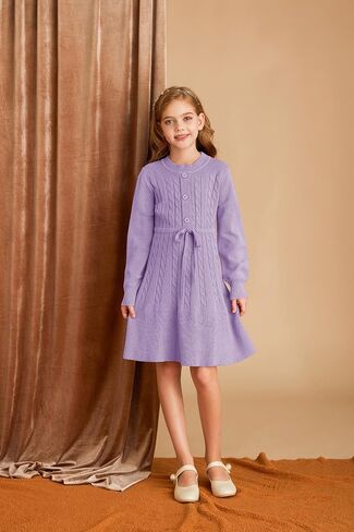 GRACE KARIN Girls Sweater Dress Fall Winter Long Sleeve Kids Fashion Drawstring Waist Cable Knit Dresses Size 5-12 in Saudi Arabia