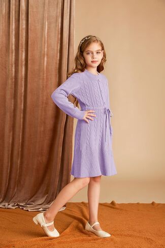 GRACE KARIN Girls Sweater Dress Fall Winter Long Sleeve Kids Fashion Drawstring Waist Cable Knit Dresses Size 5-12 in Saudi Arabia