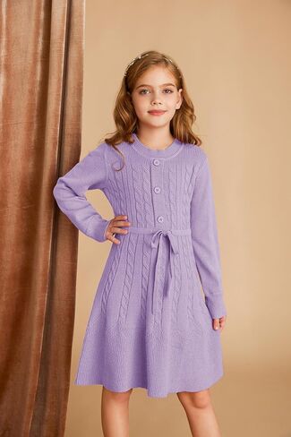 GRACE KARIN Girls Sweater Dress Fall Winter Long Sleeve Kids Fashion Drawstring Waist Cable Knit Dresses Size 5-12 in Saudi Arabia