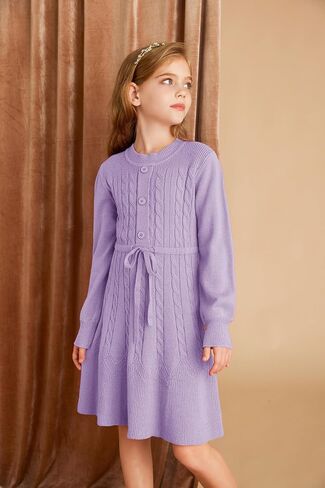 GRACE KARIN Girls Sweater Dress Fall Winter Long Sleeve Kids Fashion Drawstring Waist Cable Knit Dresses Size 5-12 in Saudi Arabia