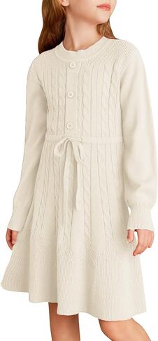 GRACE KARIN Girls Sweater Dress Fall Winter Long Sleeve Kids Fashion Drawstring Waist Cable Knit Dresses Size 5-12 in Saudi Arabia