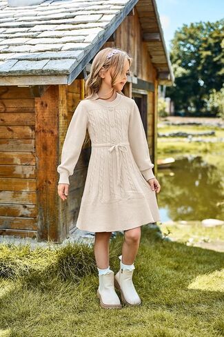 GRACE KARIN Girls Sweater Dress Fall Winter Long Sleeve Kids Fashion Drawstring Waist Cable Knit Dresses Size 5-12 in Saudi Arabia