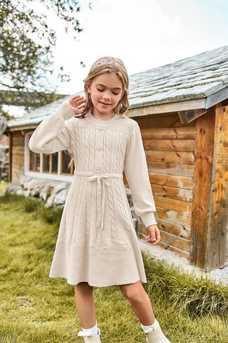 GRACE KARIN Girls Sweater Dress Fall Winter Long Sleeve Kids Fashion Drawstring Waist Cable Knit Dresses Size 5-12 in Saudi Arabia