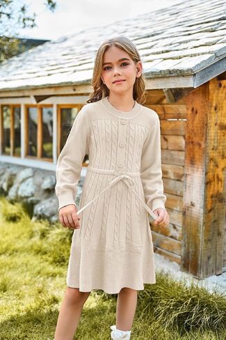 GRACE KARIN Girls Sweater Dress Fall Winter Long Sleeve Kids Fashion Drawstring Waist Cable Knit Dresses Size 5-12 in Saudi Arabia