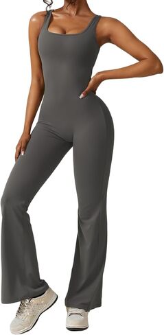 Yknktstc Womens Sleeveless Flare Jumpsuits Sexy Backless Tank Tops Bodycon Scrunch Butt Yoga Rompers V Back Catsuit in Saudi Arabia