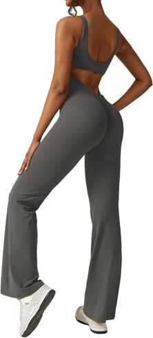 Yknktstc Womens Sleeveless Flare Jumpsuits Sexy Backless Tank Tops Bodycon Scrunch Butt Yoga Rompers V Back Catsuit in Saudi Arabia