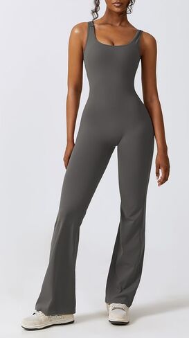 Yknktstc Womens Sleeveless Flare Jumpsuits Sexy Backless Tank Tops Bodycon Scrunch Butt Yoga Rompers V Back Catsuit in Saudi Arabia