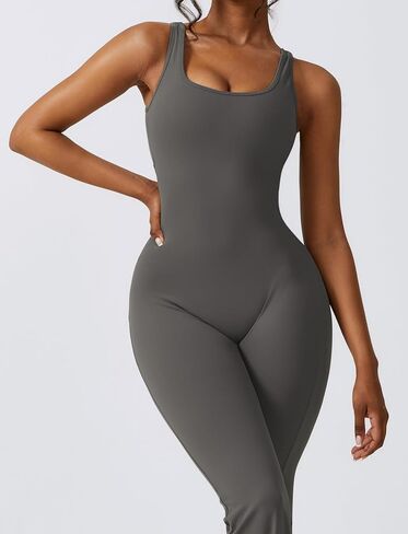 Yknktstc Womens Sleeveless Flare Jumpsuits Sexy Backless Tank Tops Bodycon Scrunch Butt Yoga Rompers V Back Catsuit in Saudi Arabia