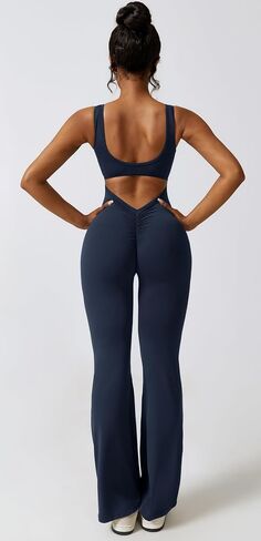 Yknktstc Womens Sleeveless Flare Jumpsuits Sexy Backless Tank Tops Bodycon Scrunch Butt Yoga Rompers V Back Catsuit in Saudi Arabia