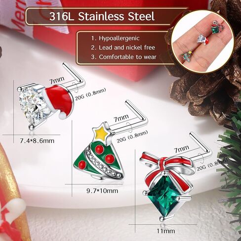 UBGICIG 3Pcs Christmas Nose Rings Stud - 20G L Shaped Nose Stud 316L Surgical Stainless Steel Piercing Jewelry in Saudi Arabia