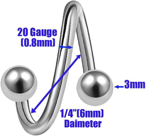2Pcs Titanium G23 20g Spiral Barbell Piercing Jewelry Cartilage Tragus Helix Lip 3mm Ball More Choices in Saudi Arabia