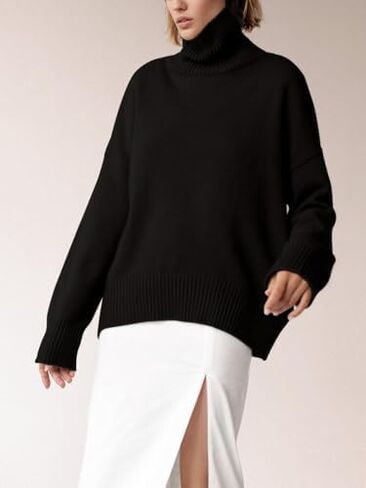 سترة Gihuo النسائية ذات الياقة المدورة كبيرة الحجم وأكمام طويلة بلوفر محبوك 2024 ملابس عصرية للخريف والشتاء (أسود-M) in Kuwait