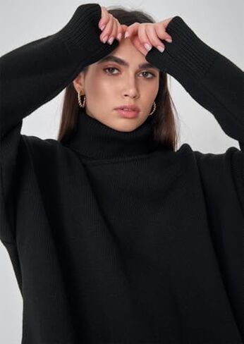 سترة Gihuo النسائية ذات الياقة المدورة كبيرة الحجم وأكمام طويلة بلوفر محبوك 2024 ملابس عصرية للخريف والشتاء (أسود-M) in Kuwait