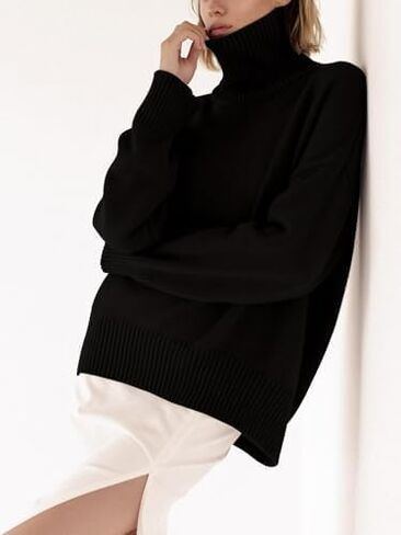 سترة Gihuo النسائية ذات الياقة المدورة كبيرة الحجم وأكمام طويلة بلوفر محبوك 2024 ملابس عصرية للخريف والشتاء (أسود-M) in Kuwait